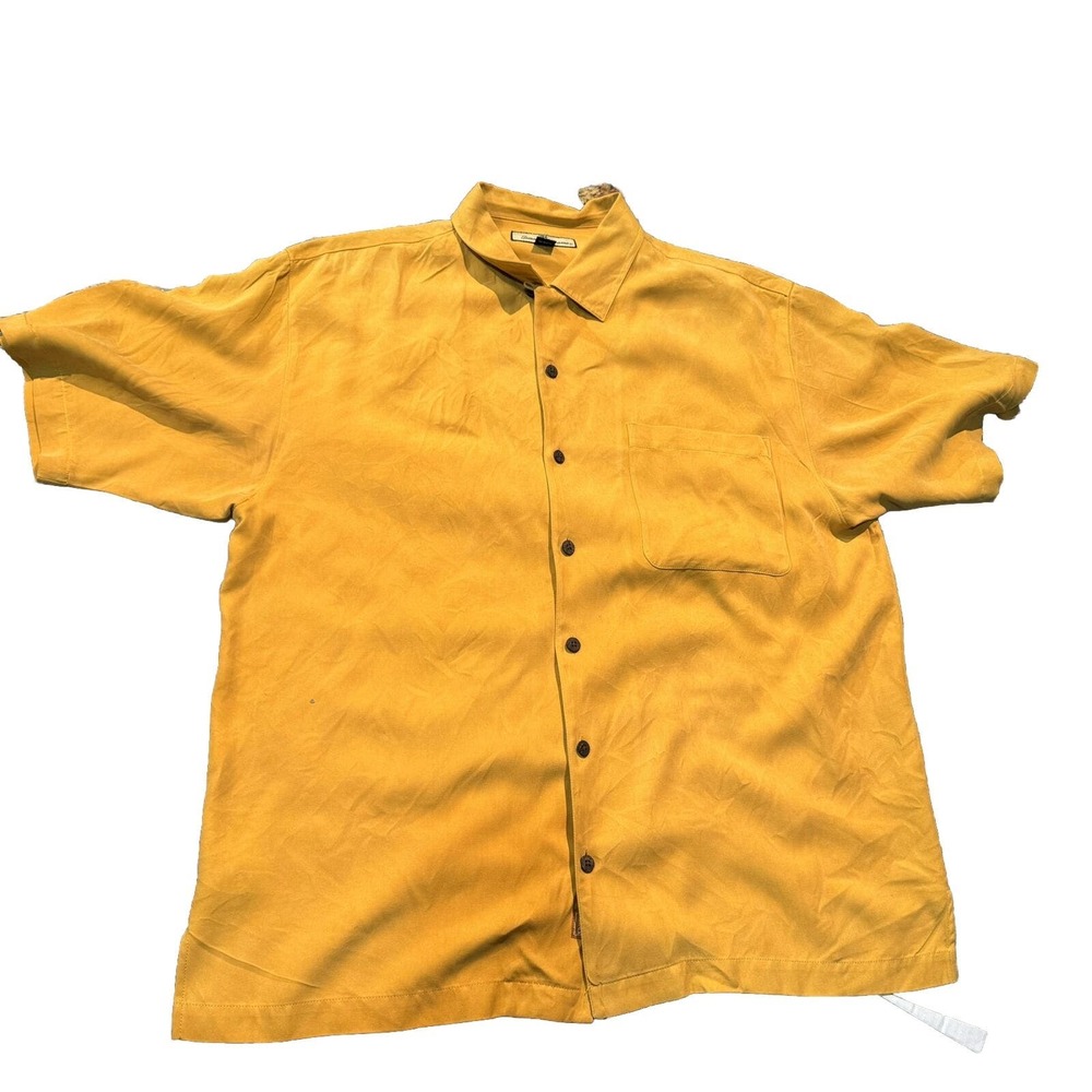 Tommy Bahama polo shirt mens‎ L Large 100% silk yellow short sleeve Regular Fit